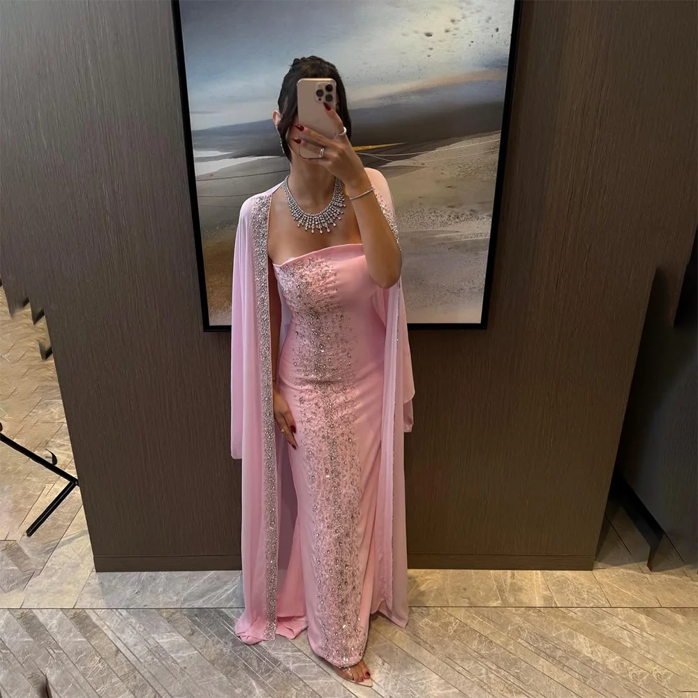 

Luxury Dubai Evening Dress Cap Sleeves Crystal Bead Exquisite Prom Gown Pink Strapless Mermaid Formal Party Dresses Customized