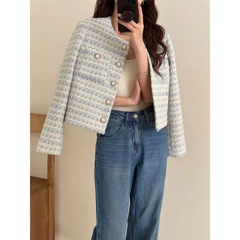 

Women's Elegant Tweed Cardigan Short Coat with Pocket Single Breasted Jacket Loose Outwear Autumn Winter