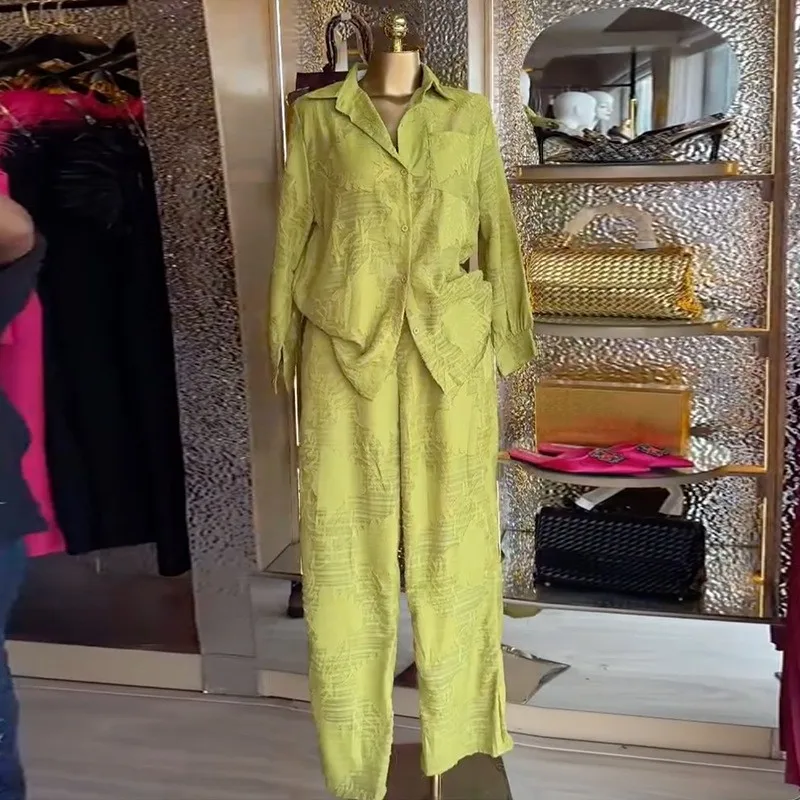 

Women's 2-piece Set Blouse Long Sleeve Solid Color Blouses Wide Leg Pants Lime Green Shirt Oversized Fit Button Down Shirt