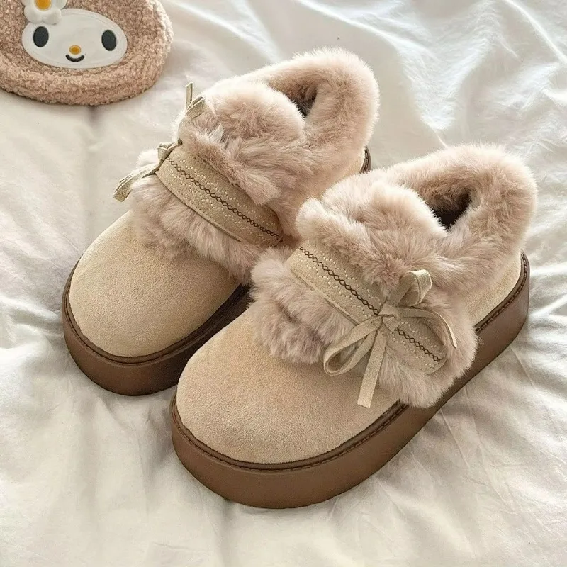 2026 New Winter Women Elevated Thick Sole Snow Boots, Cute Bow Knot Slip Furry Shoes Warm Plush Short Booties for Petite Ladies