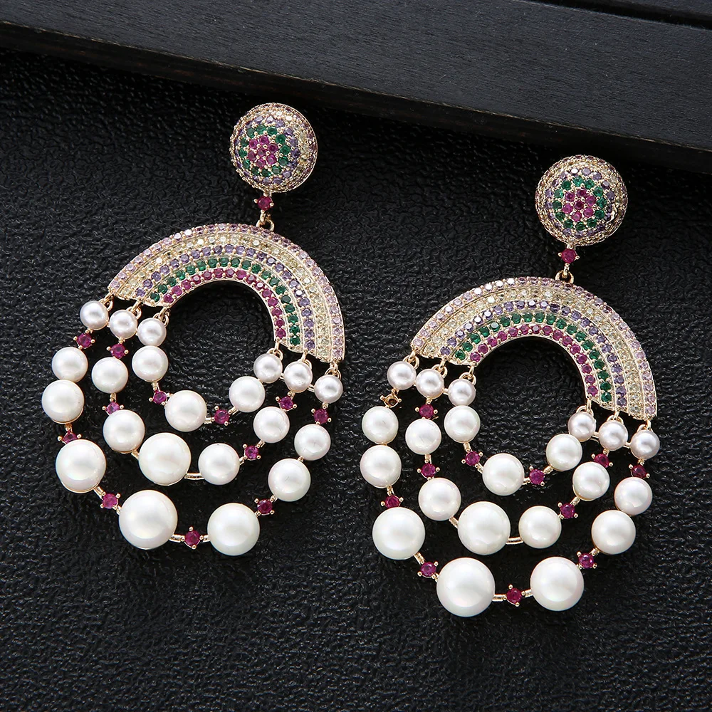 

HIBRIDE Light Luxury Vintage Exquisite Fringe Pearl Multicolor Round Earrings for Women Dubai Holiday Gift Wedding Dress E311