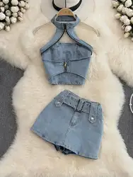 Sexy Women Summer Denim Jeans Halter Tops Mini Shorts Skirt Outfits Suits Backless Sashes Chic Style Bodycon High Waist Vestidos