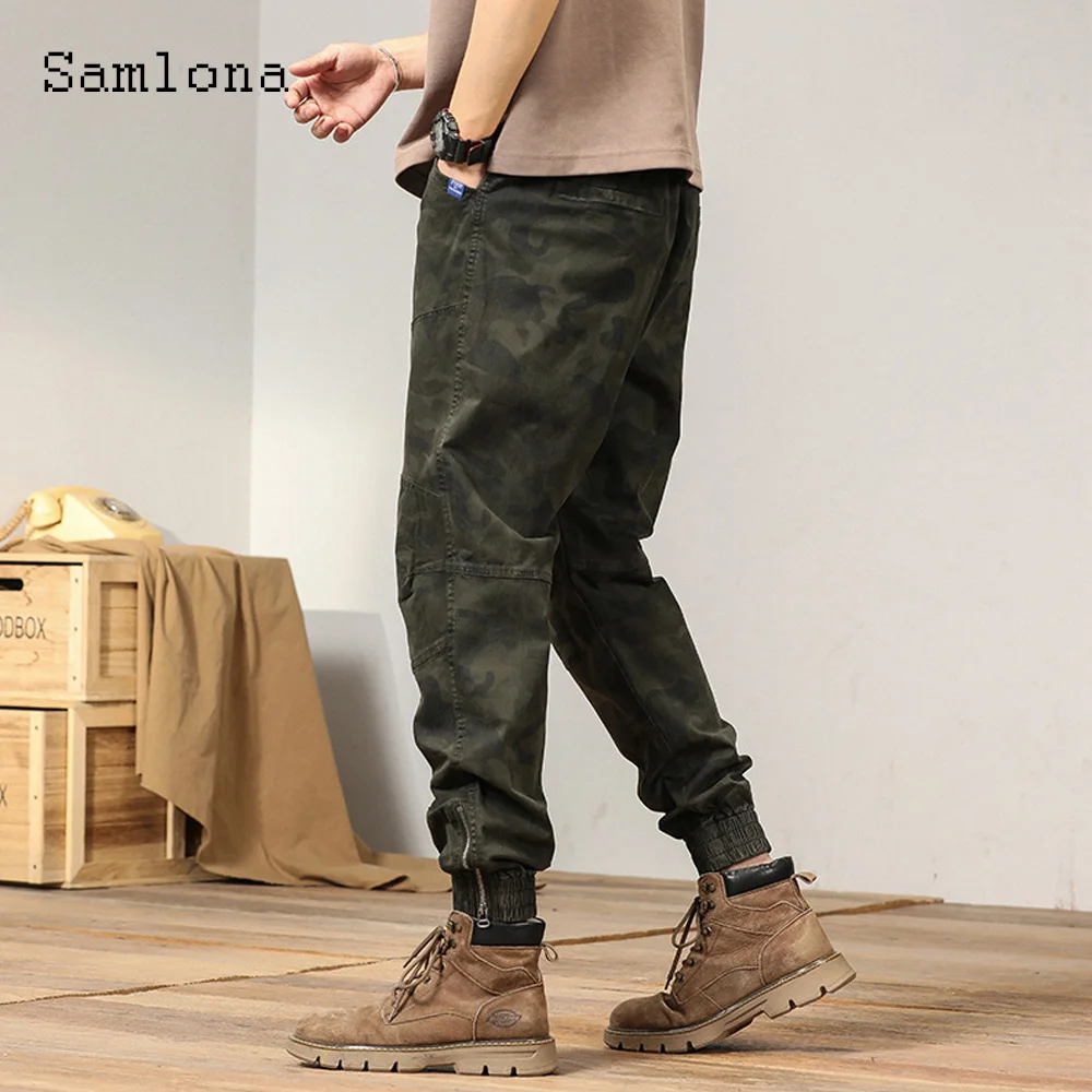 Samlona Plus Size Mens Casual Pants 2024 Summer Camouflage Pants Male Elastic Waist Pocket Trouser Outdoor Vintage Leisure Pant