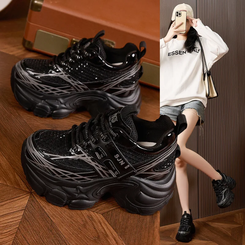 

Fashion New Women Vulcanized Shoes with Rhinestone Mesh Thick Sole and Increased Height Inside Sports and Casual Dad Shoes