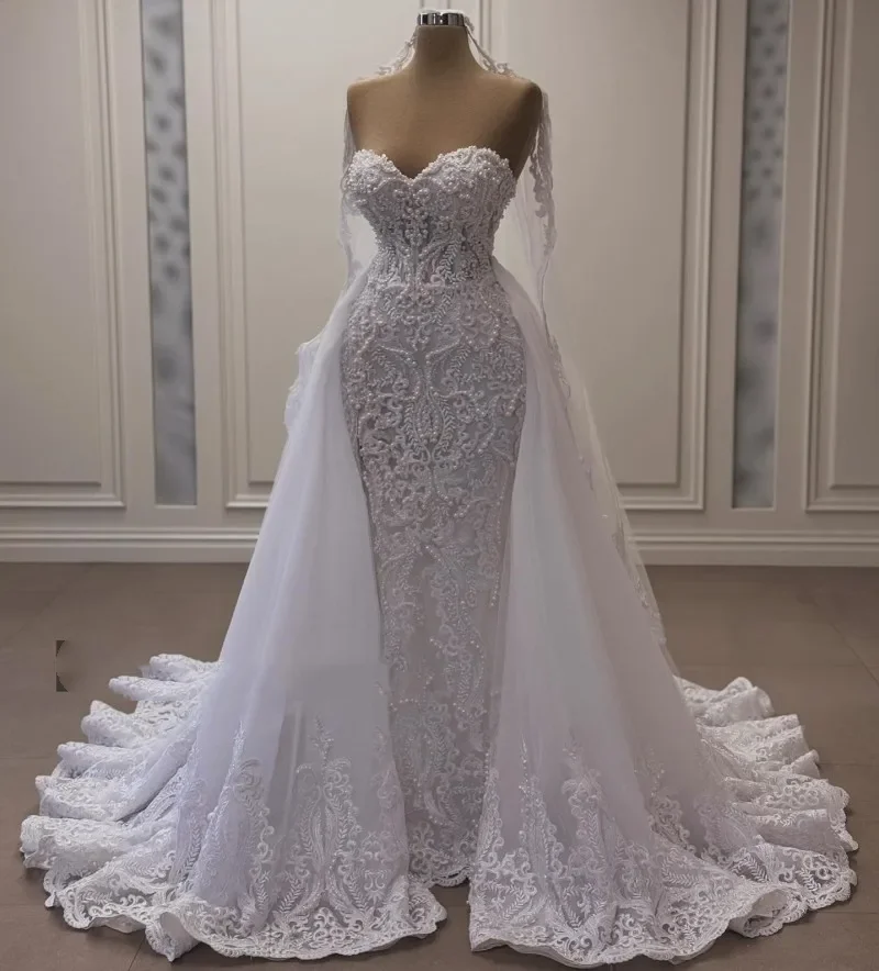 

Customized White Lace Mermaid Wedding Dresses 2025 Sweetheart Pearls Bridal Gowns With Detachable Train vestidos de novia