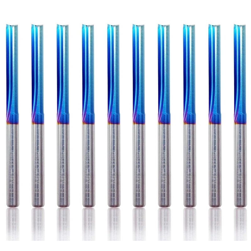 

AB15-10 Pcs Two Flutes Straight End Mills Straight Slot Bit &10Pcs 3.175 Shank Blue Coated Straight End Mill 2 Flute
