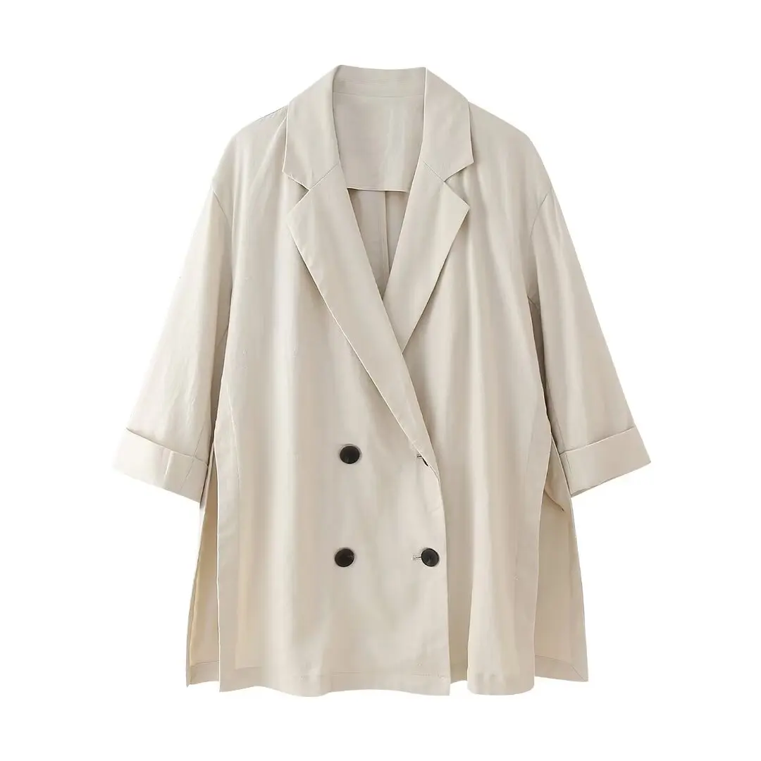 

Summer Vents Side Oversize Jacket Female Coat y2k Thin Faux Linen Women Loose Blazer Office Trench Coats