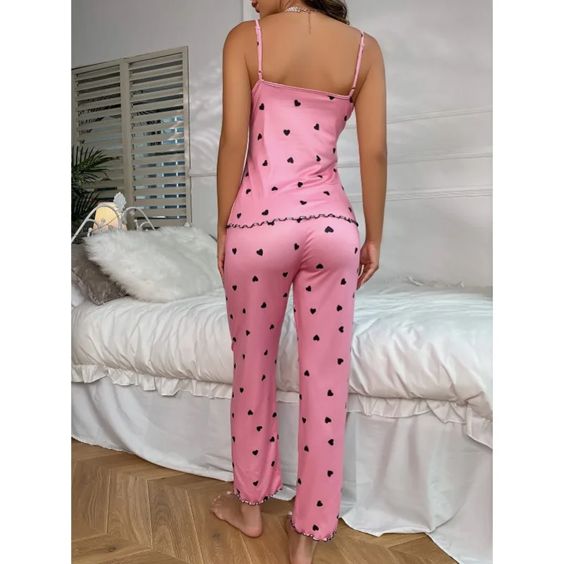 Conjunto de pijamas rosa sexy, lingerie íntima, pijamas amorosos estampados, calças soltas, roupas casuais para casa, lounge, 2 peças