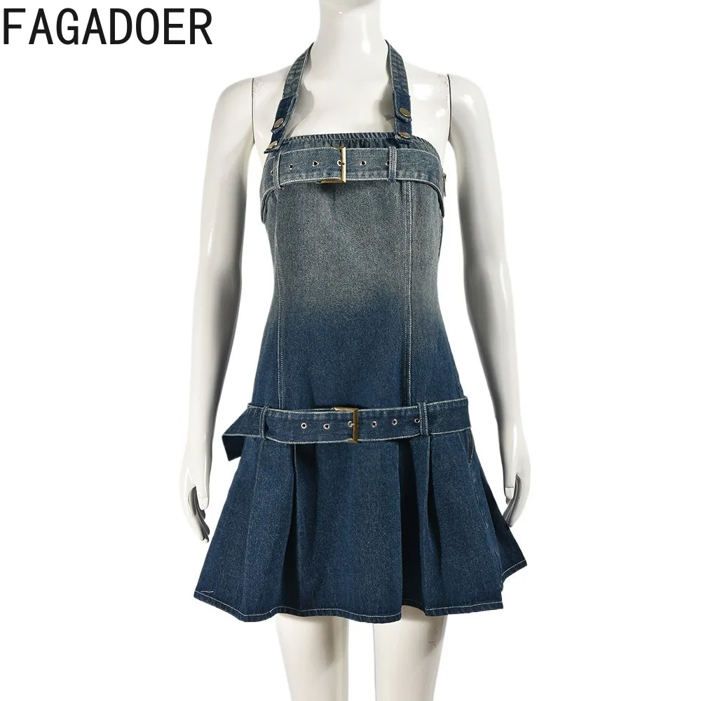 FAGADOER Fashion Denim Halter Gradient Print Belt Dress Women Sleeveless Backless Pleated Vestidos Female Trend Cowboy Streetwea