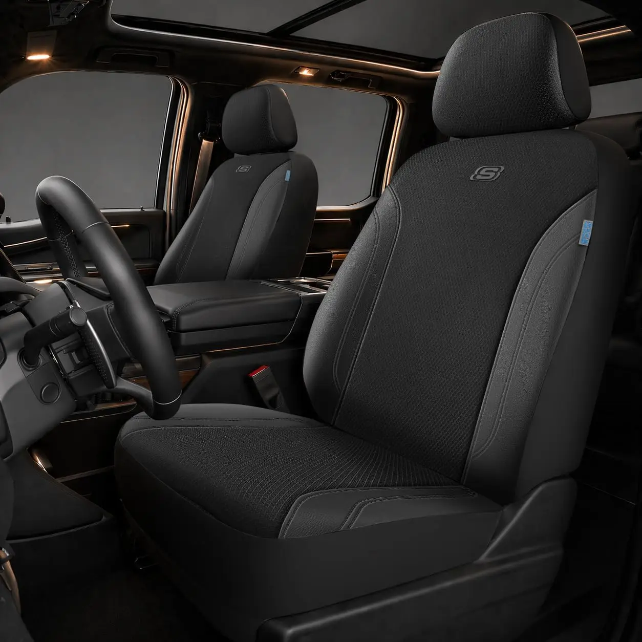 

Car Seat Covers with Reinforced Webbing for Trucks SUVs, Black Oxford Fabric and Leather Front Seat Cover Airbag Compatible