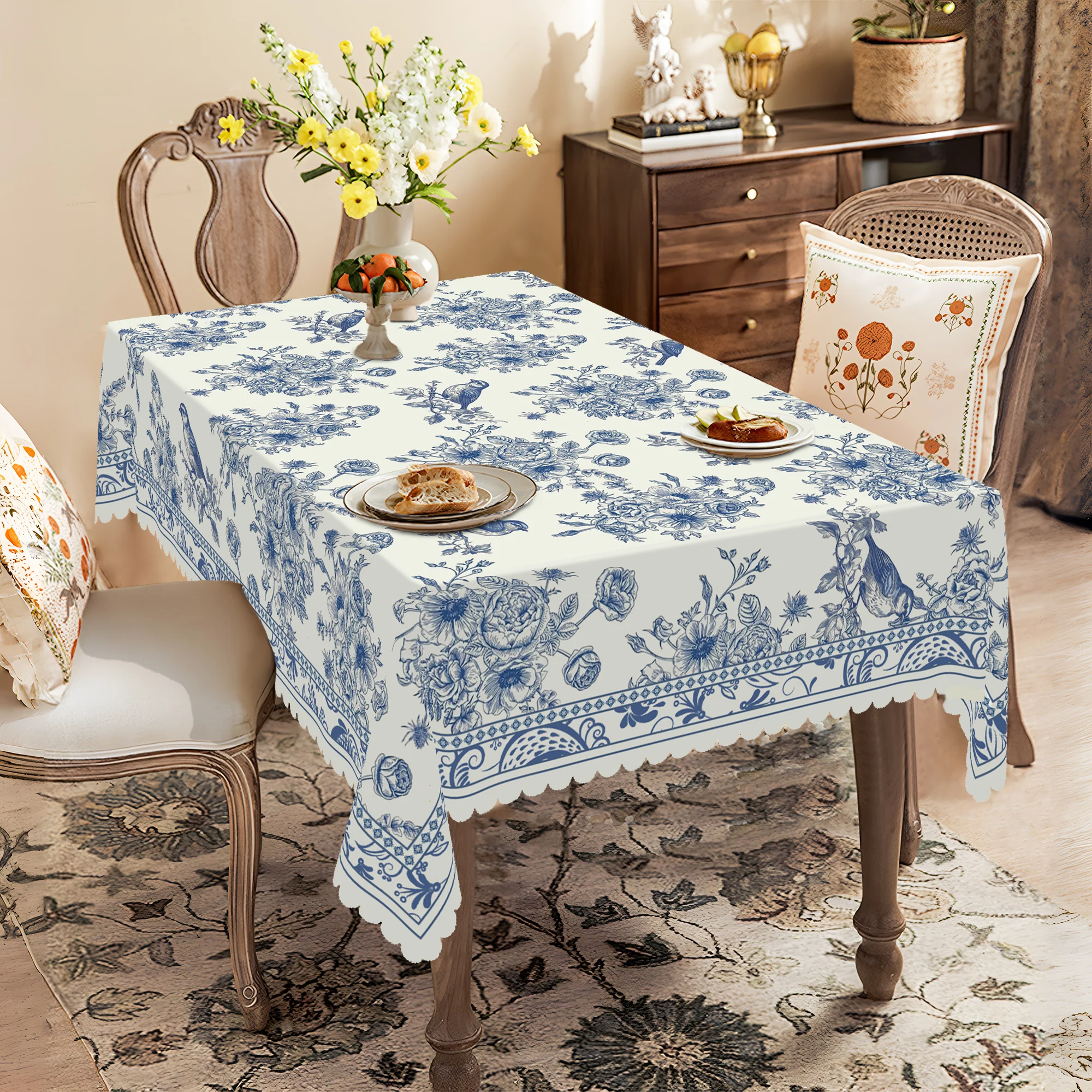 1 Piece of Vintage Floral-Themed Tablecloth, Featuring a Blue and White Porcelain Style Print with Floral and Bird Patterns, Available in Various Sizes, Suitable for Daily Home and Kitchen Decoration, Tablecloth for Birthday, Camping, Picnic, Patio, and Garden Table Decoration, Ideal for Wedding, Thanksgiving, Mother's Day, and Holiday Banquet Use, Suitable as a Housewarming Gift, Christmas Gift, and for Family and Friends