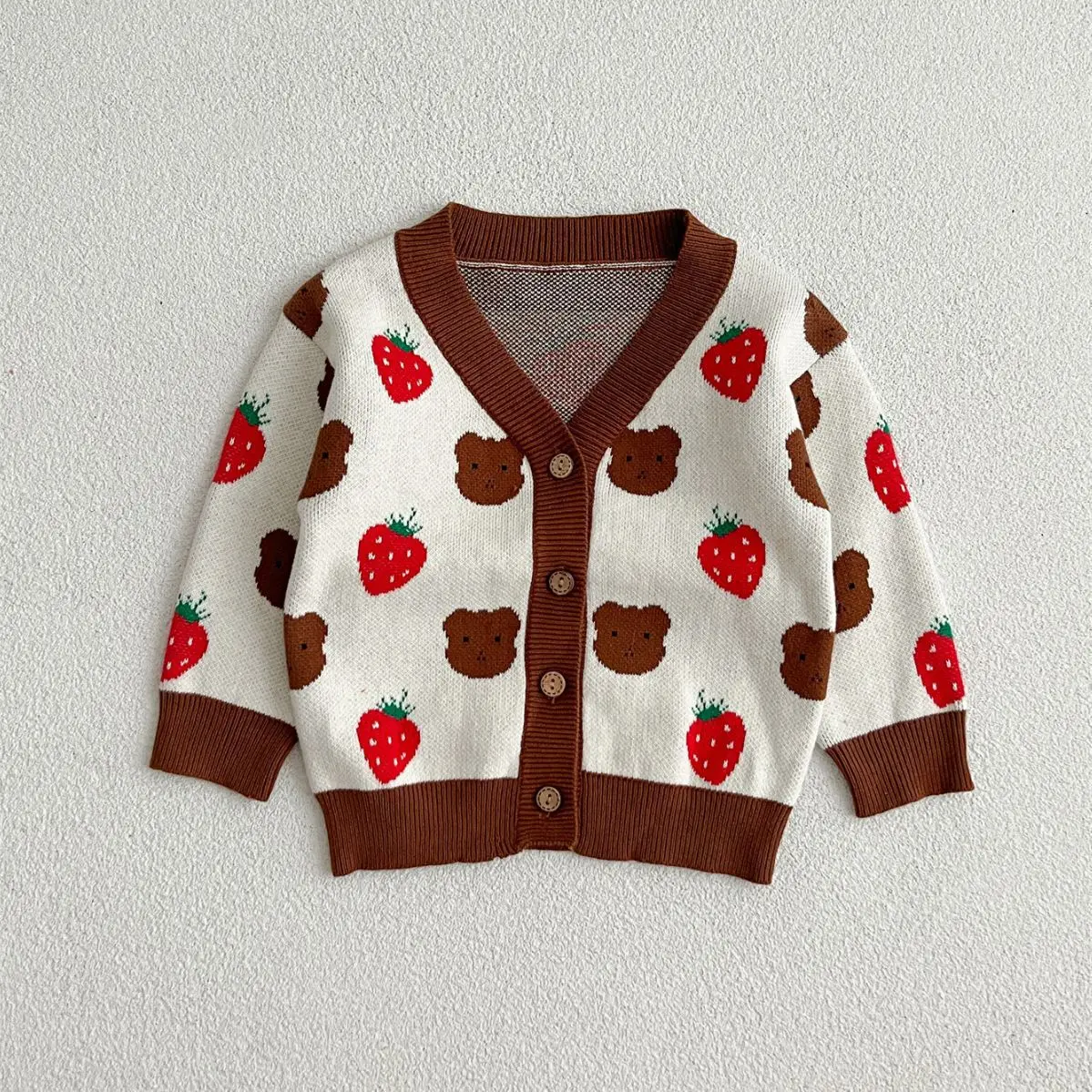 

2024 Autumn New Baby Girl Long Sleeve Knit Cardigan Infant Cute Strawberry Bear Print Sweater Coat Toddler Knitted Jacket