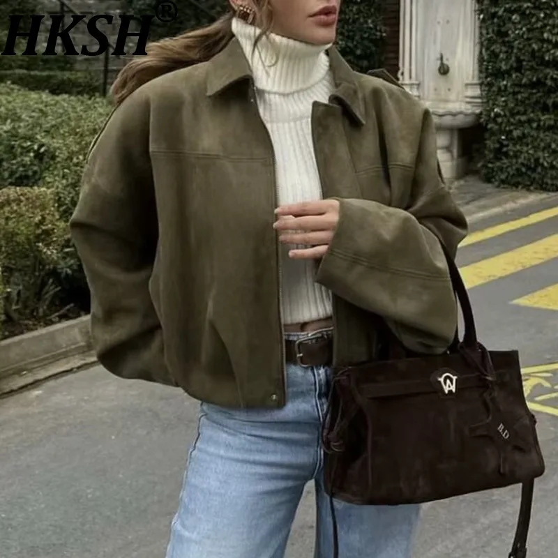 

HKSH Spring Autumn New Women Jacket Batwing Sleeve Zipper Turn-down Collar Solid Color Draped Elegant Casual Short Coats HK15800