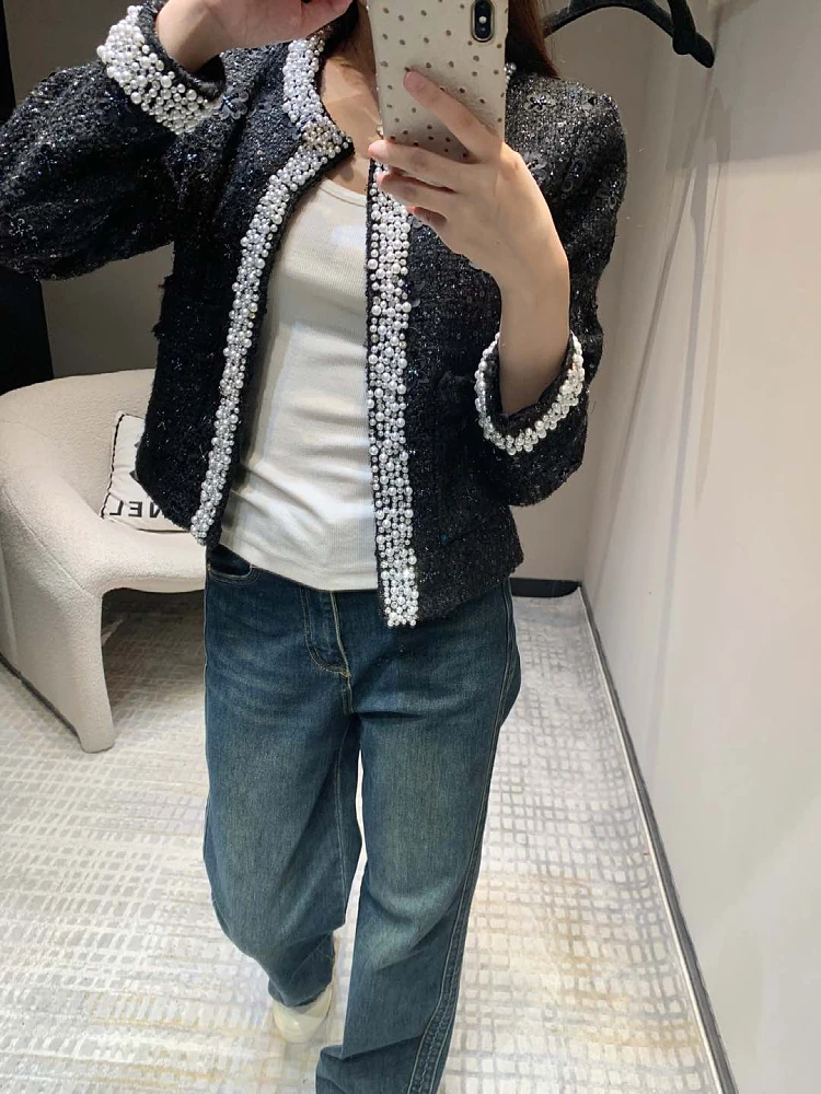 women's fashion luxury coat high quality female pearl black 50% wool tweed chic luxury jacket outerwear 2025 ddxgz2 12.30