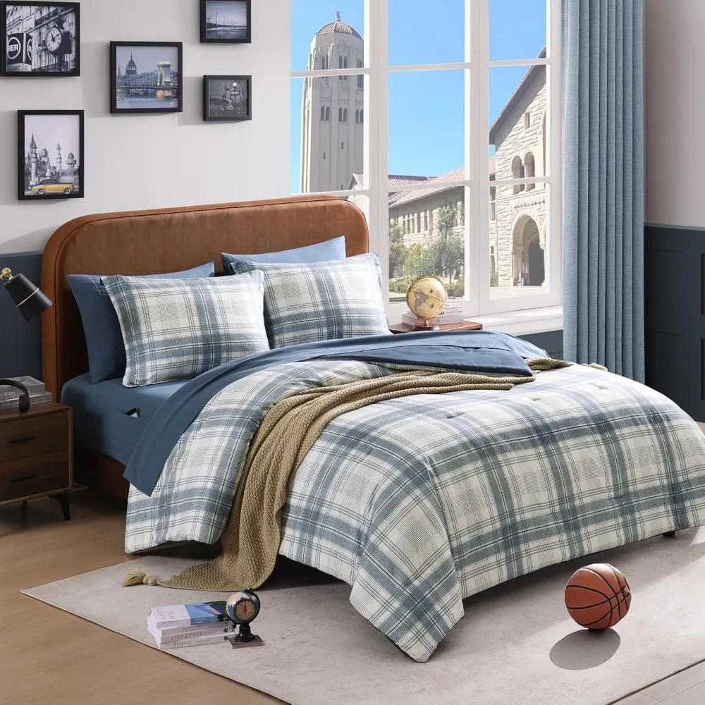 

7-Piece Blue Grey Comforter Set for Kids and Teens: Classic Homestead-Style Bedding