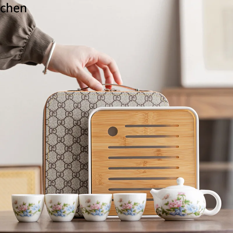 H1 mutton fat jade porcelain kung fu tea set, one pot, four cups, dry bubble tray, travel suitfor home hotel teapot, small set