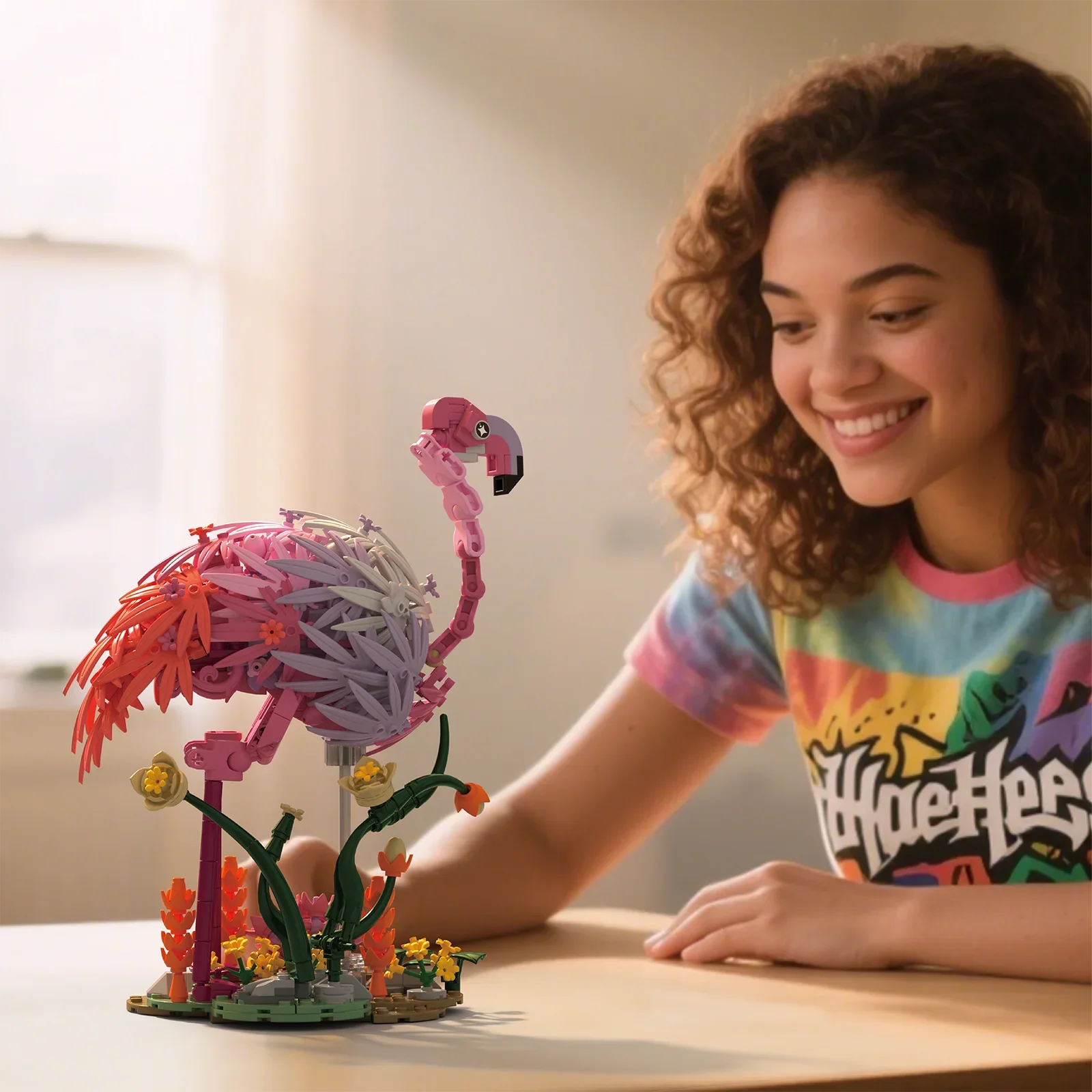 Micro blocs de construction de danse en plumes de feu, 31104, 516 pièces, assemblage de fleurs, plantes, série d'animaux, modèle flamant rose, décoration de maison, cadeau pour enfants