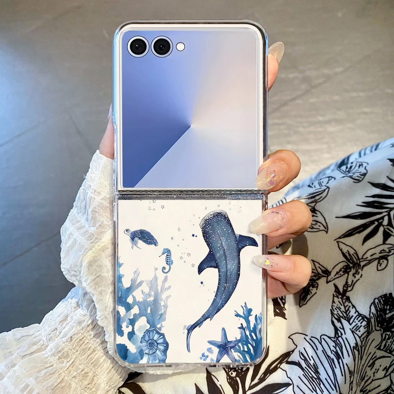 الحوت نمط قضية الهاتف لسامسونج غالاكسي Z Flip7 FE Flip6 Flip5 Flip4 واضح للطي الغلاف الصلب لسامسونج Z Flip 3 4 6 7 5G