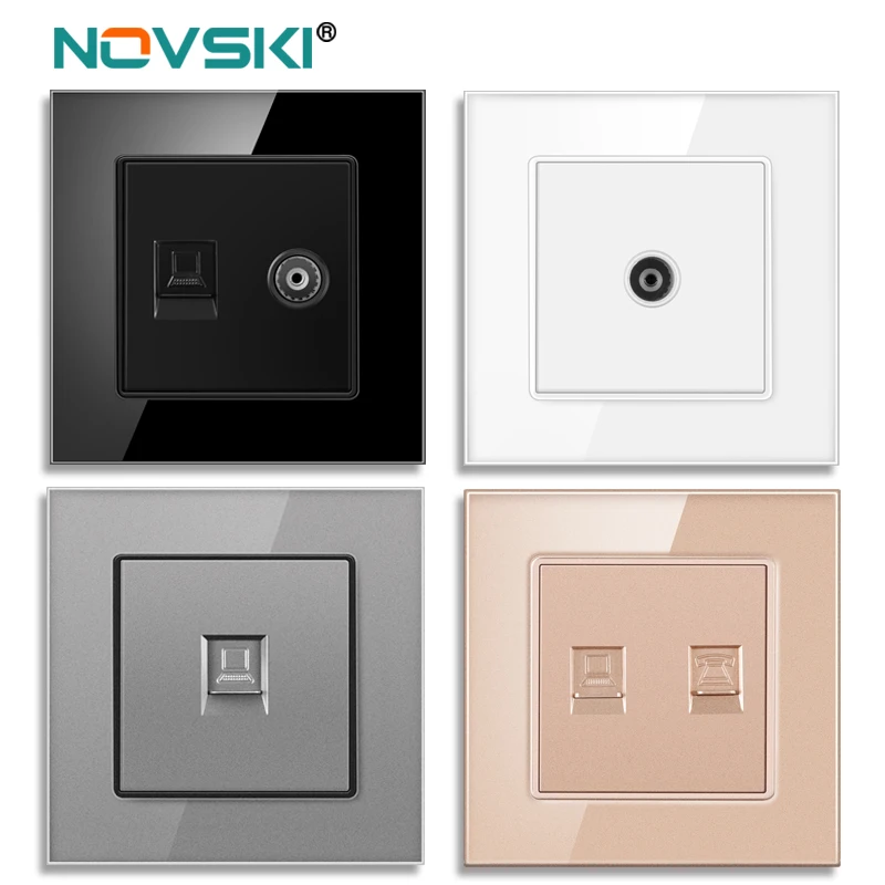 

novski crystal glass panel wall socket with CAT6 RJ45 internet computer data socket TV tel weak current socket