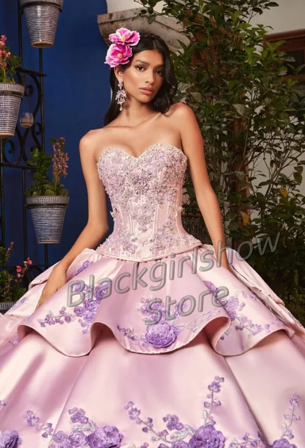 Prinzessin rosa Kapelle Zug 15 Quince anera Kleid mexikanischen Charro Luxus handgemachte Blumen bestickte Rüschen Vestido de Quinceañera