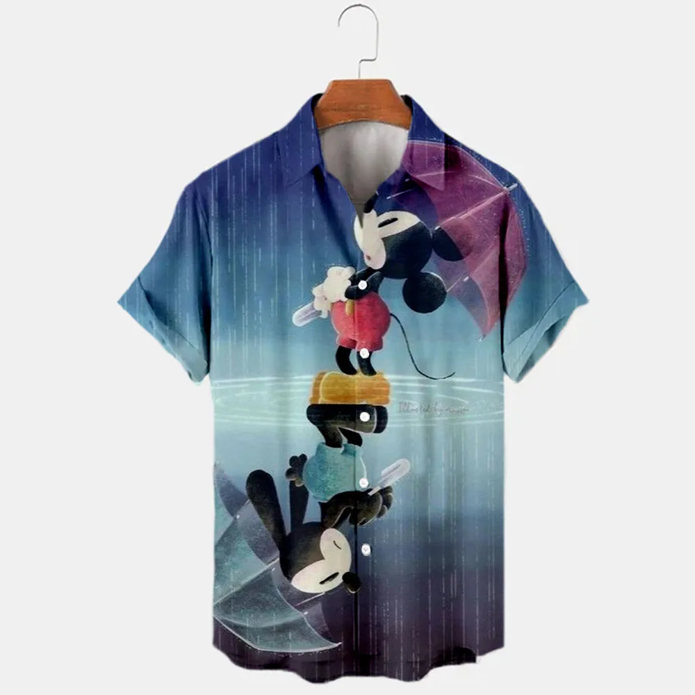 Zomer 2024 Nieuwe Disney Stitch En Mickey Merk Cartoon Casual 3d Geprint Korte Mouw Revers Shirt Slim Fit Heren Top