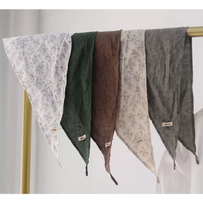 

Johnature Korean Linen Floral Triangle Scarf Four Seasons New Versatile Casual Print Decorative Scarfs Women