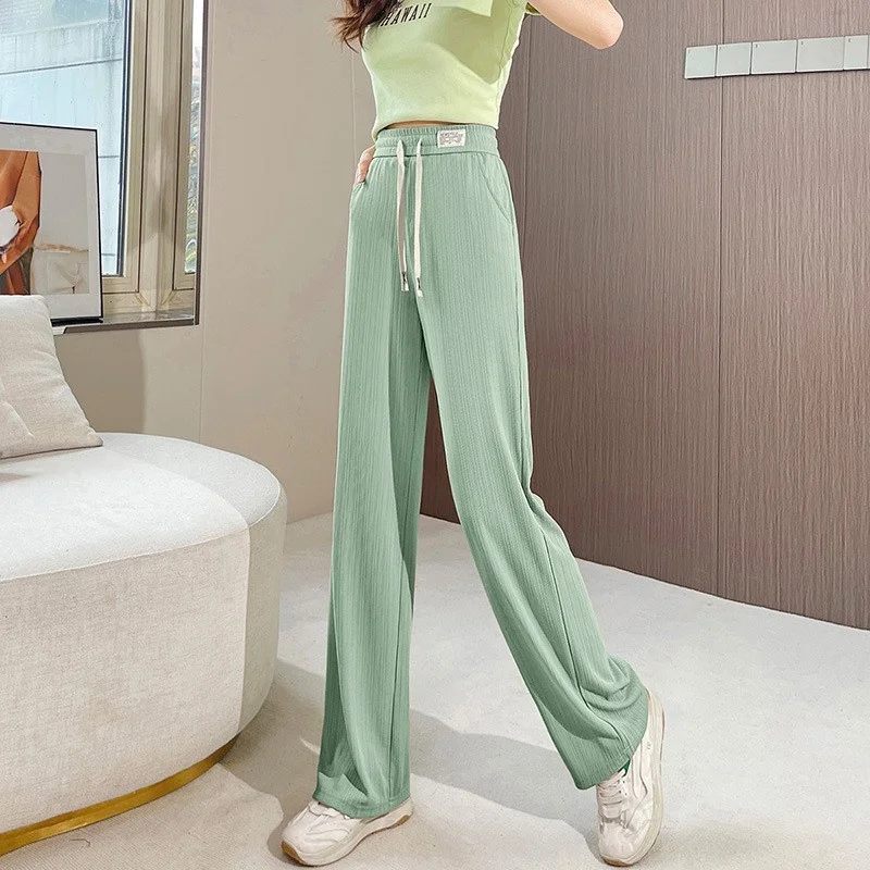 Pantalon d'été à jambes larges en soie glacée pour femmes, taille haute fine, drapé, jambes droites, amincissant, décontracté