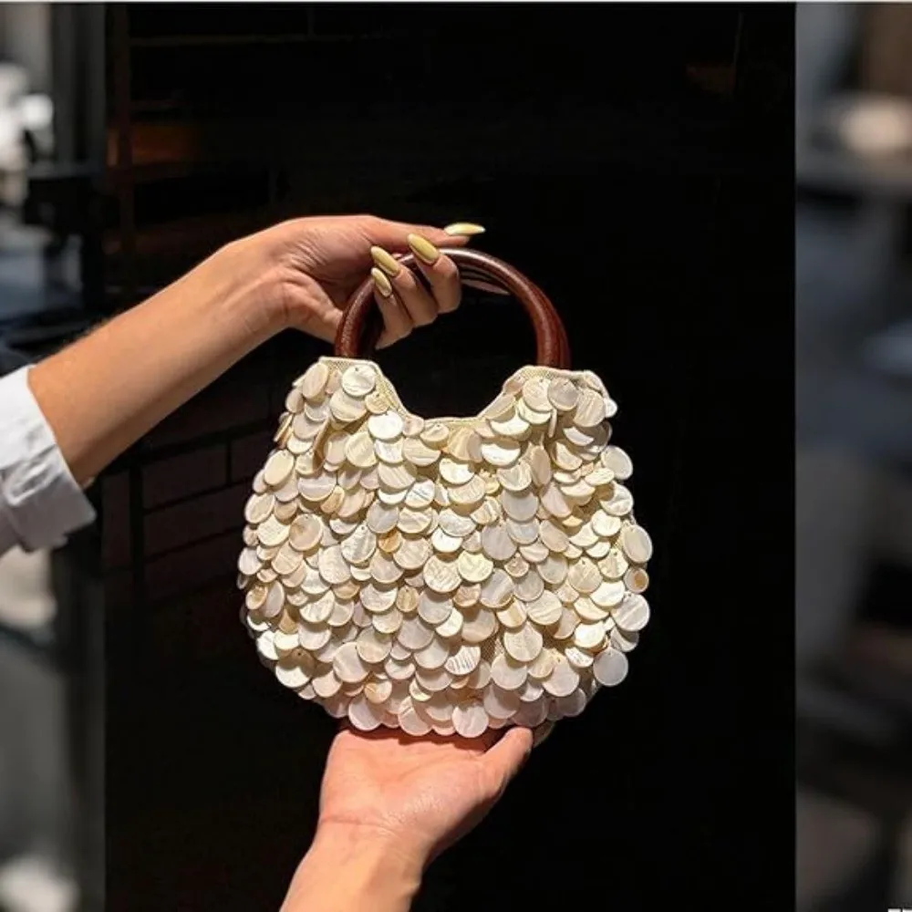 

Handmade Fairy Beaded Bag​​ ​​Large Capacity ​Compact Size​​ Woven Shoulder Bag​​ Mermaid Style​​ Shell Embellishments​​
