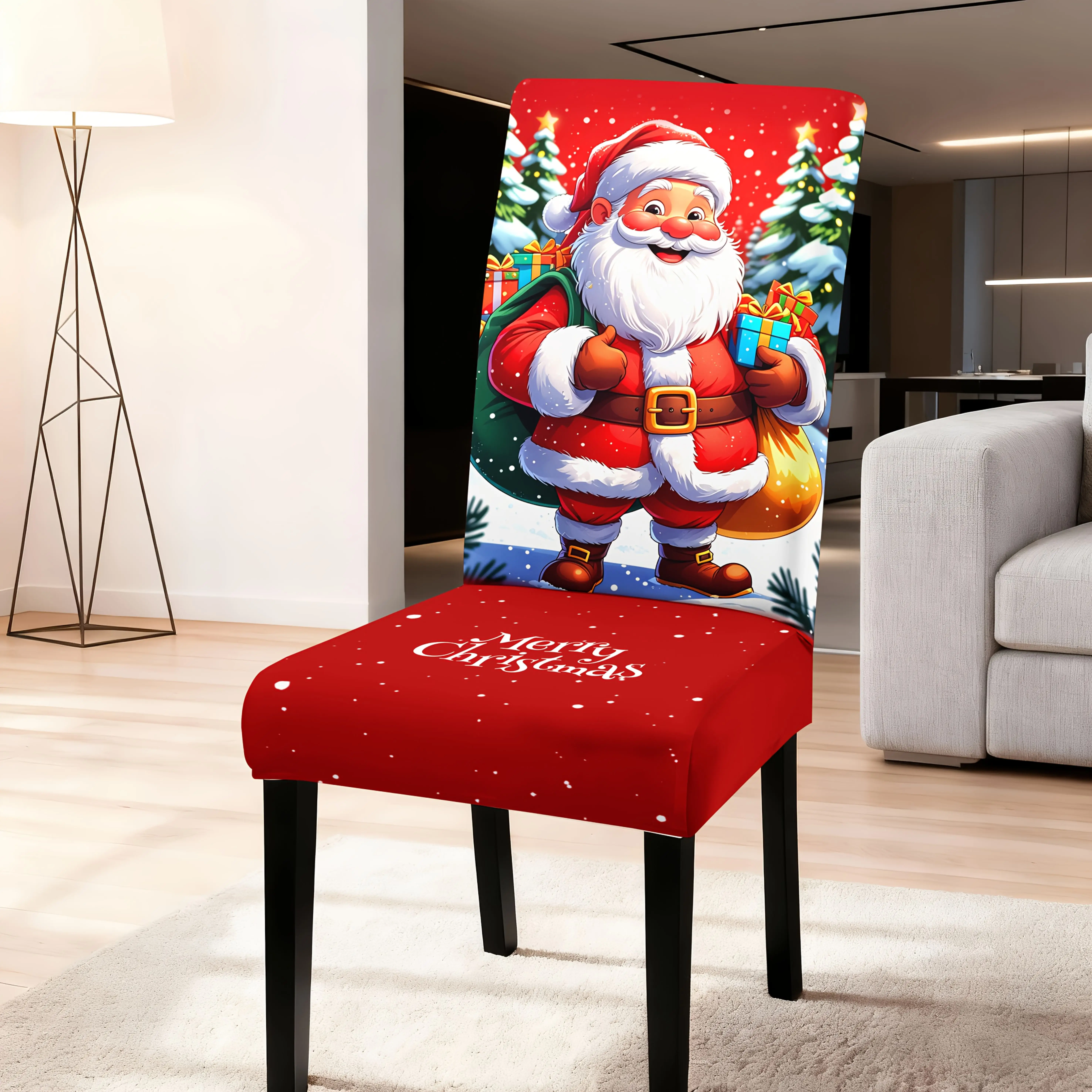 Merry Christmas Red Chair Slipcover Cartoon Santa Gift Box Pattern Washable Dining Room Chair Cover