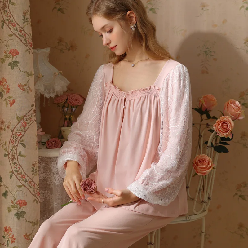 

Spring Autumn Lace Loungewear Princess Sleepwear Sexy Women Cotton Square Collar Pajamas Sweet Skin Tops Pants Two Piece Sets