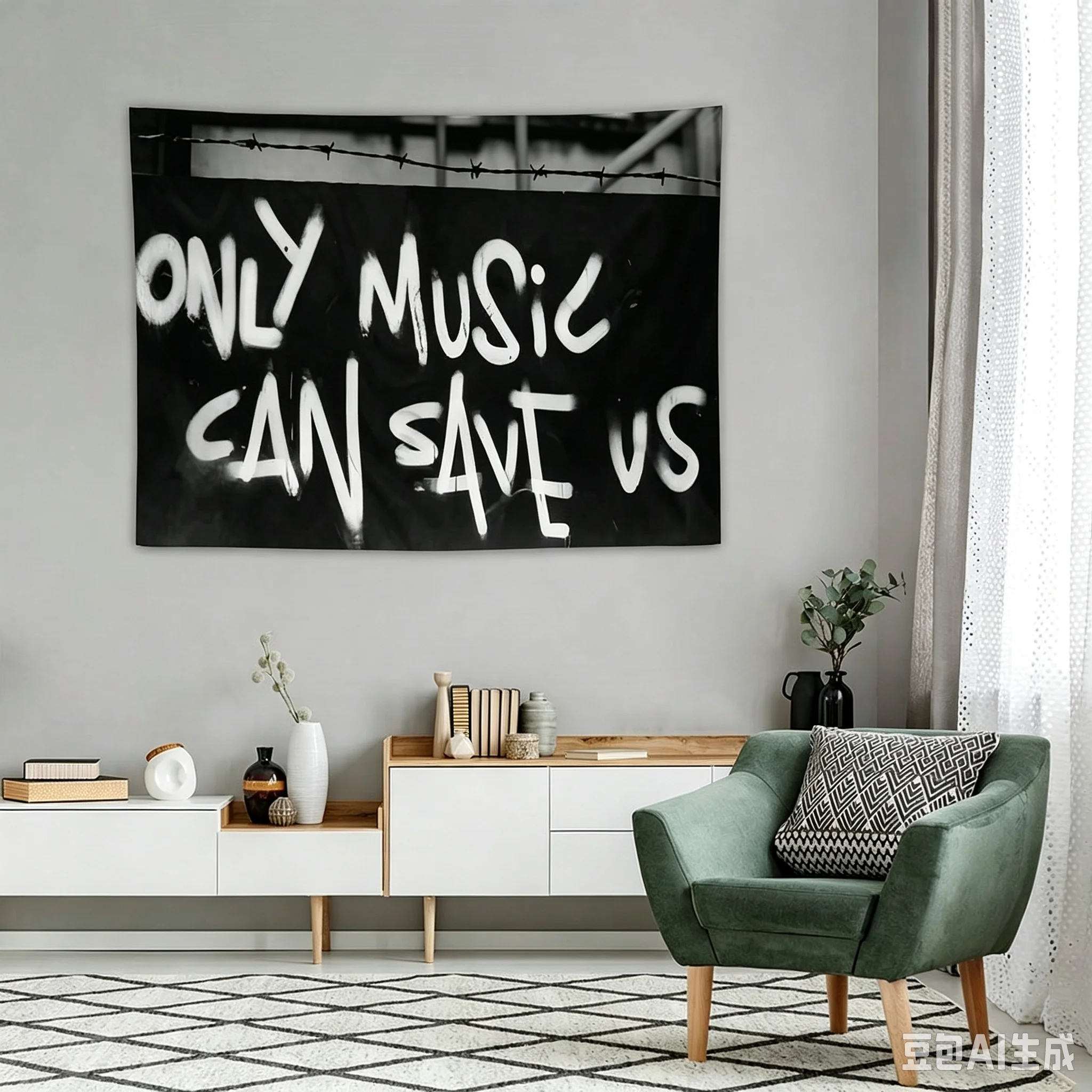 1pc Only Music Can Save Us Tapestry Black, Multiple Sizes Polyester 2D Print,For University Dormitories, Bedrooms, Living Rooms