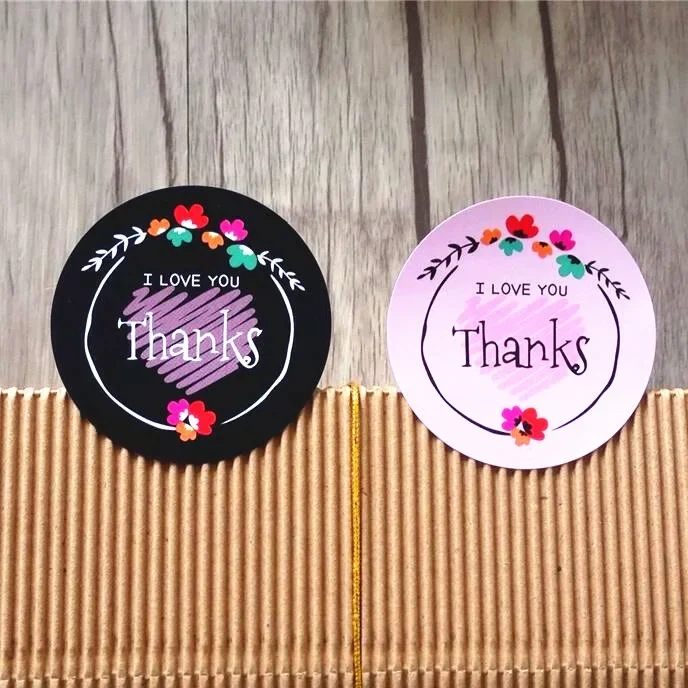 80pcs Black Pink Flower Thanks I LOVE YOU sealing label Baking Adhesive Kraft Sticker Round Gift Stickers Funny DIY Work