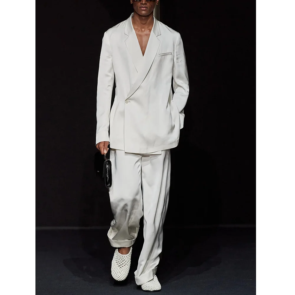 

Chic Notch Lapel One Button White Men Suits 2 Piece Fashion Office Casual Travel Outfits Wedding Tuxedo Loose Costume Homme