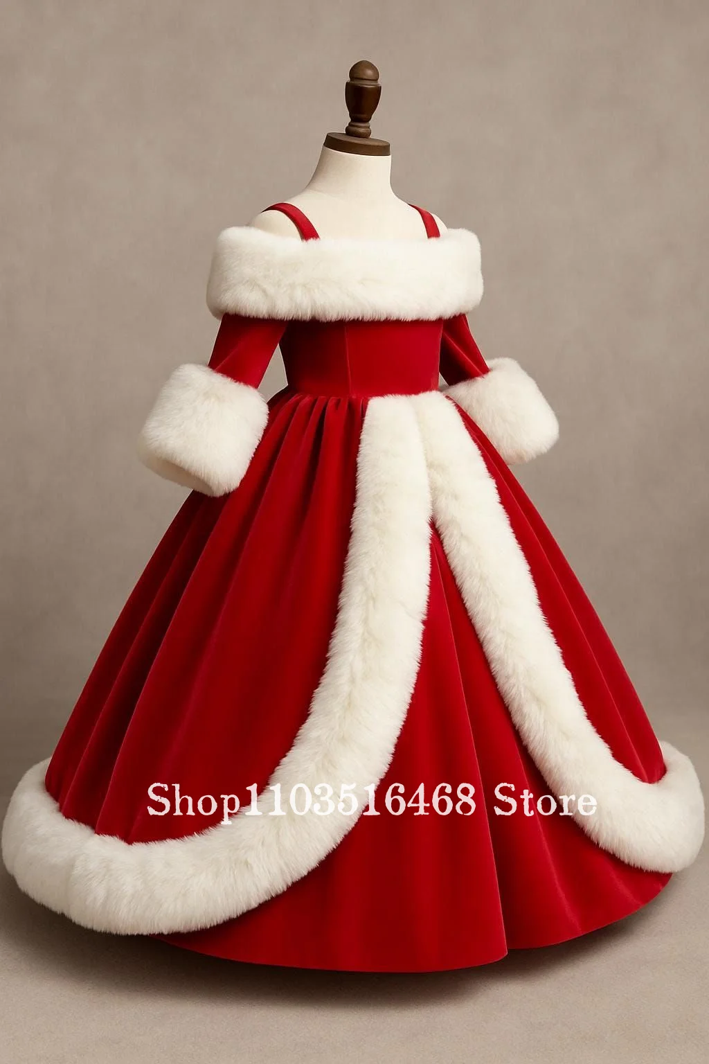 

Custom Red Christmas Themed Flower Girl Dresses Christmas Ball Gowns Children Velvet Fuzzy Evening Gowns Children's Formal Dress