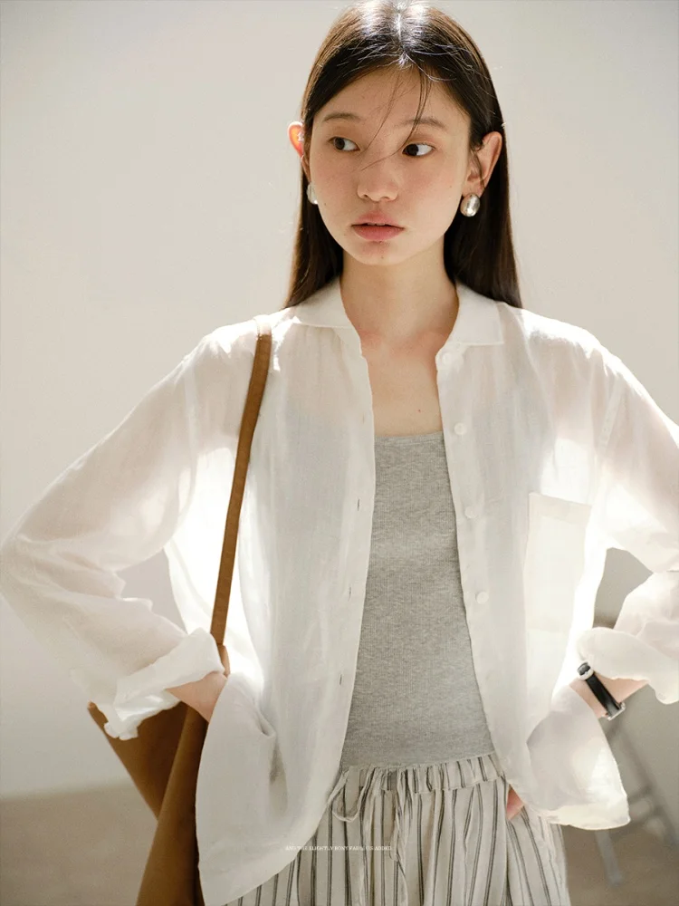 

Lalaglow Summer Women's Loose Fit Sun Protection Linen irt Versatile Commute Sle Long Sve Button up Casual Top