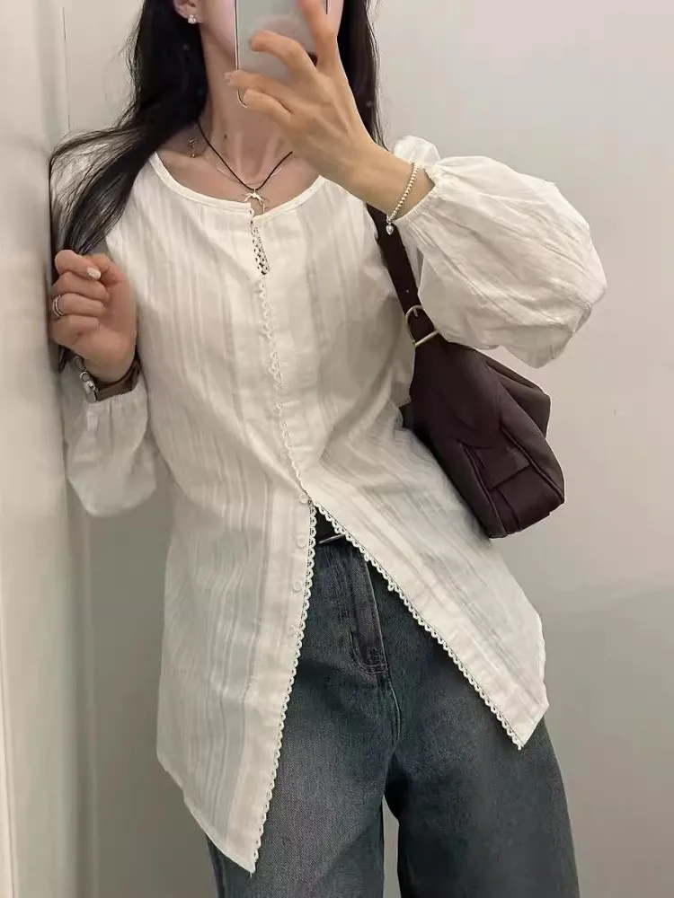 

Spring Autumn O-neck Lantern Sleeve Women Shirts Solid Color Chic Elagant Blouse Casual Korean Fashion Jacquard Tops 2024 New