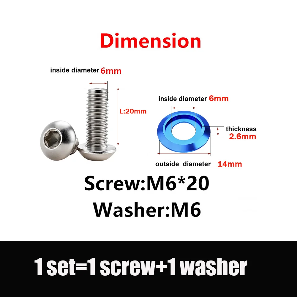 M6 Colorful Aluminum Washer ISO7380 Hex Socket Round Head Screw Set Anodized Colored Bolt and Spacer Kit for DIY Modification