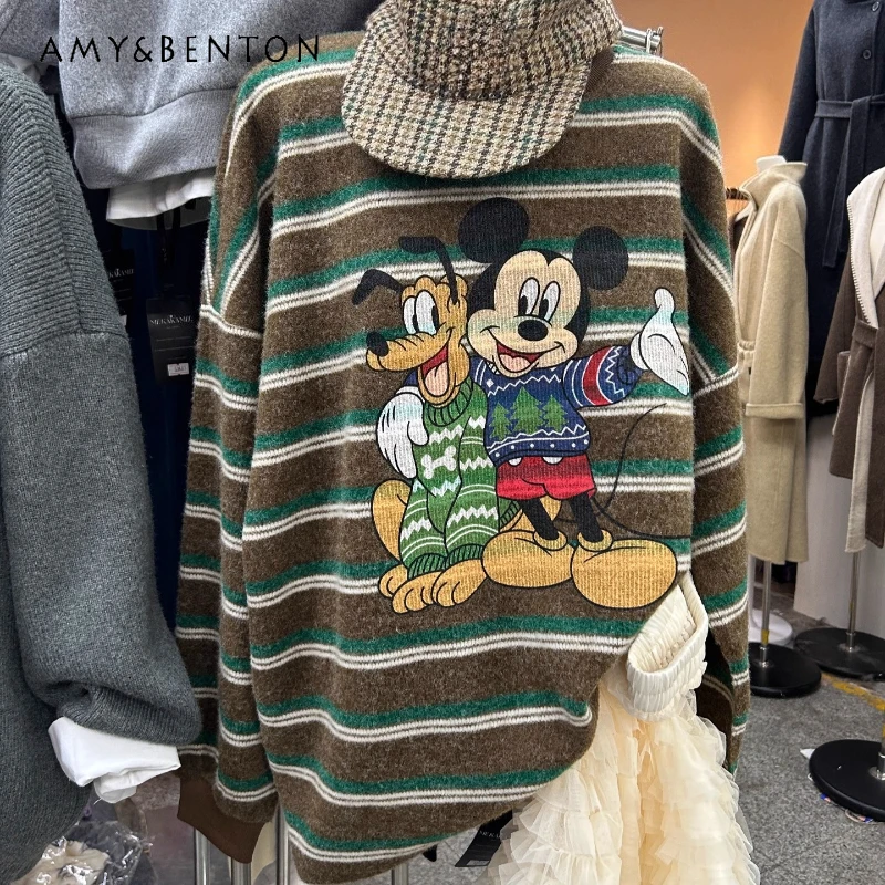 

Oversized Striped Mid-Length Long Sleeves T-shirt Women's O-Neck Cartoon Color Block Loose Age-Reducing Bottoming Top Pullover