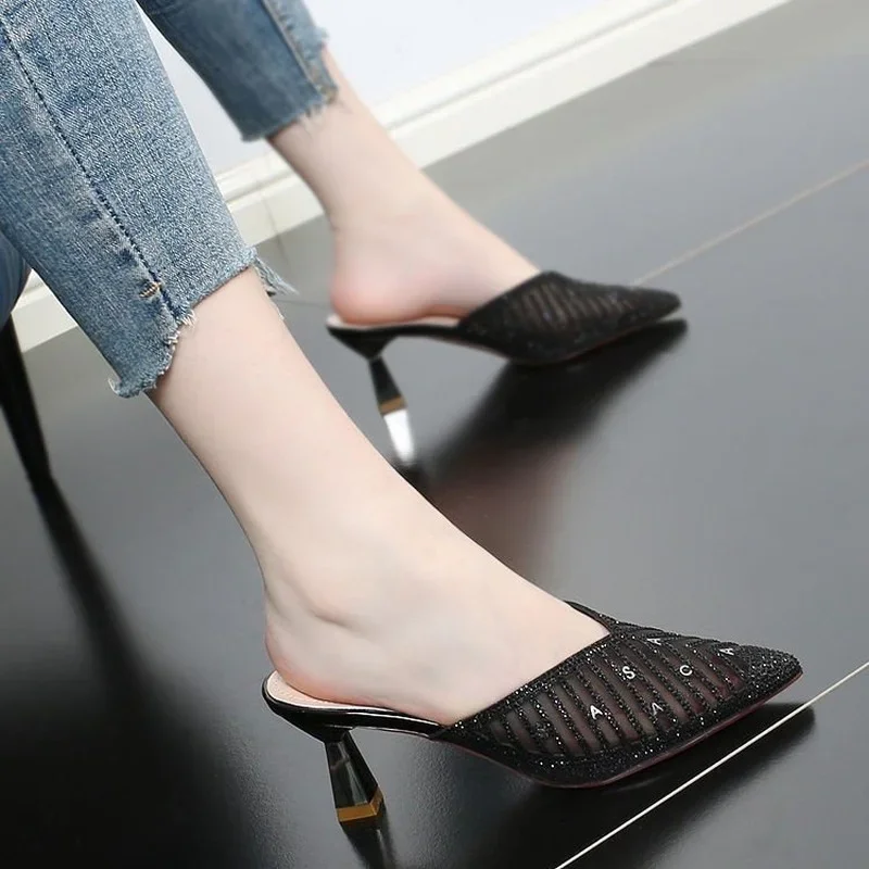 2024 Summer Elegant Women Fashion Slipper Pointed Toe Half Slippers Women\'s Stiletto Mid Heel Mesh Comfortable Sandals