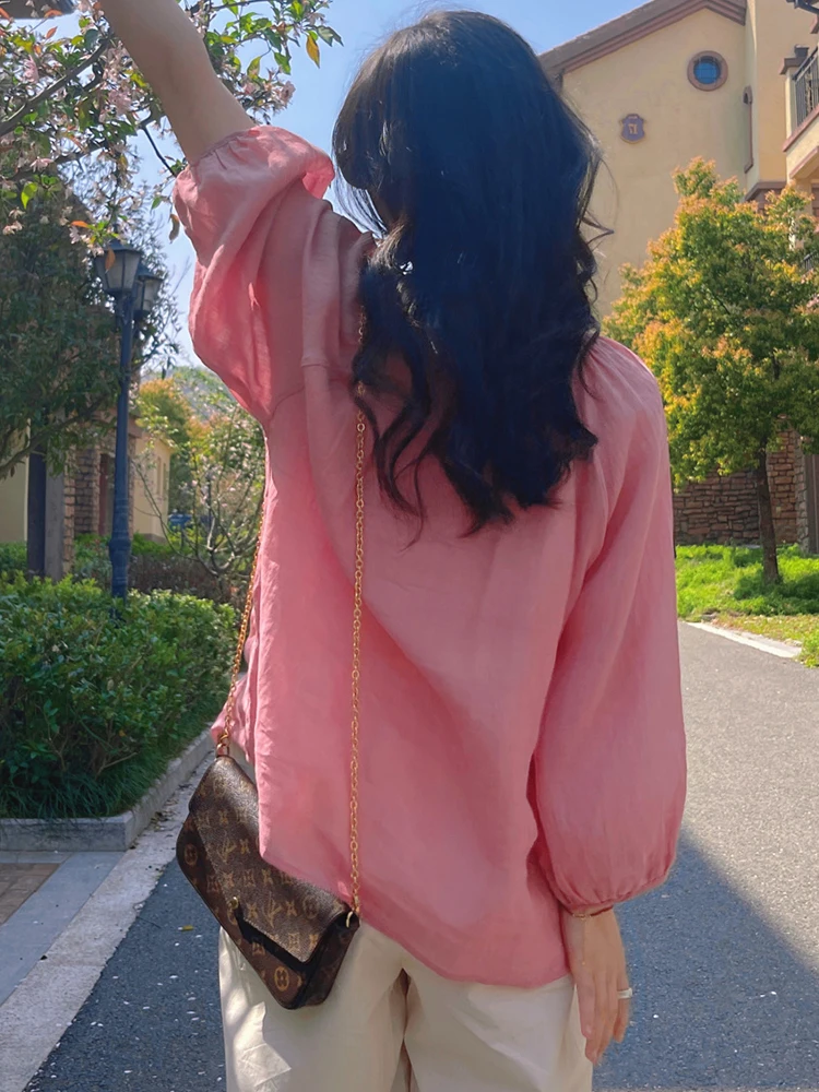 Sweet Sle Coreano rotondo Ne Long Sve Donna irt Trendy Riduzione dell'età Primavera Autunno Casual Pendolarismo Taglio dritto Top in seta