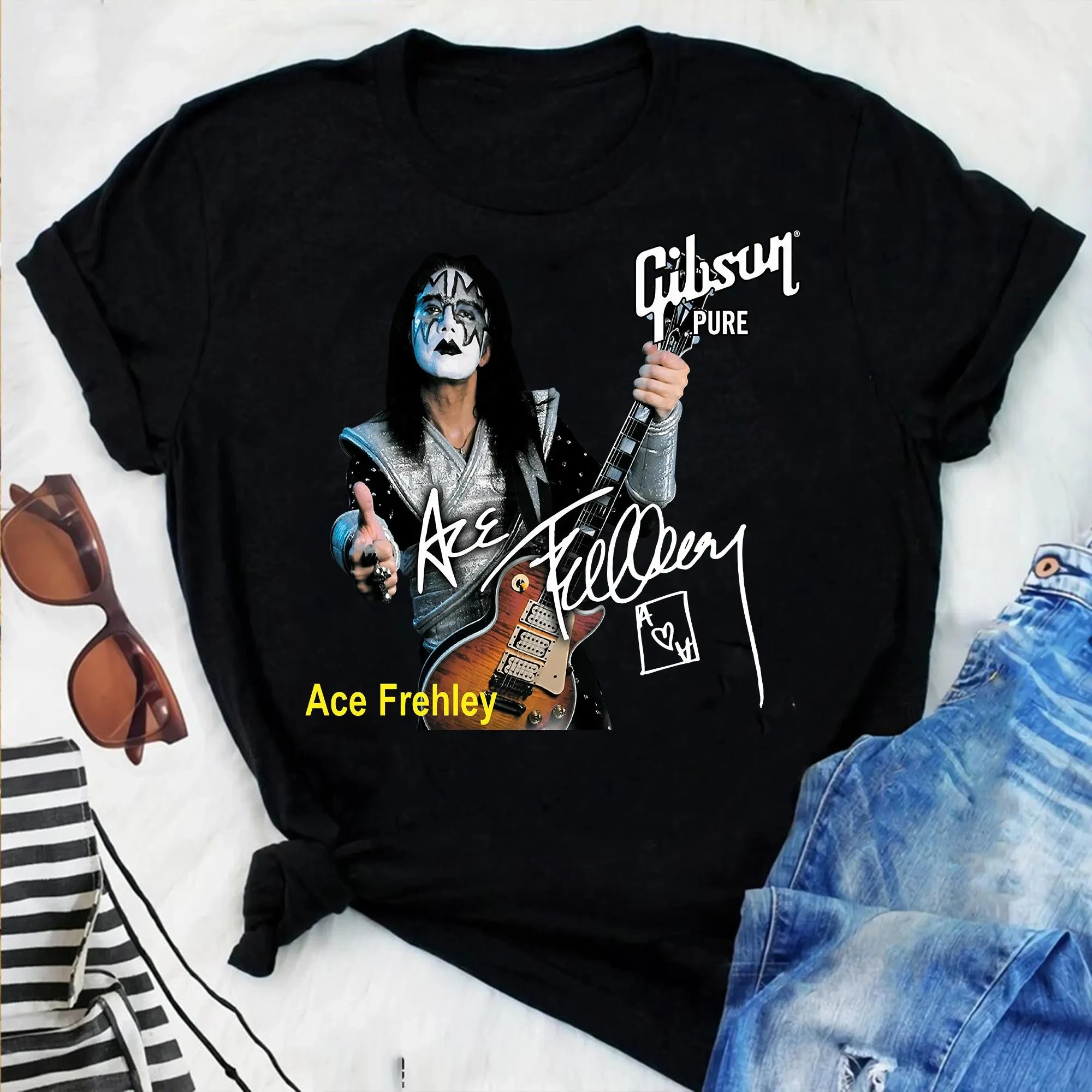 Camiseta masculina com estampa Ace Frehley - Legend Never Die, unissex, gola redonda, 100% algodão, manga curta, Y2k, oversized, camiseta popular da moda