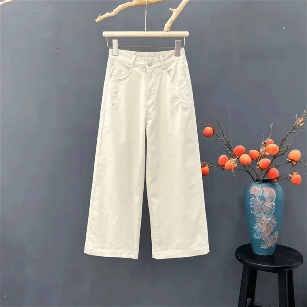 Summer Loose Capris Jeans Women Office Lady Korean Chic Solid Denim Pants High Waist Fashion Baggy White Wide Leg Denim Trousers