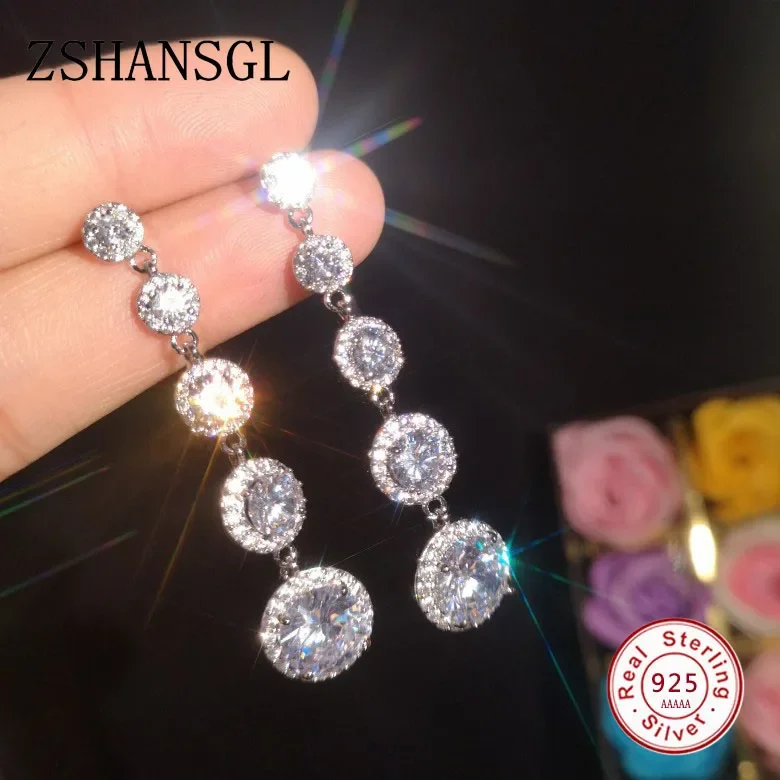 

Fashion Female Crystal Round Cut Drop Earrings AAA Zircon 100% 925 Sterling Silver Filled Wedding Jewelry Long Dangle Earrings