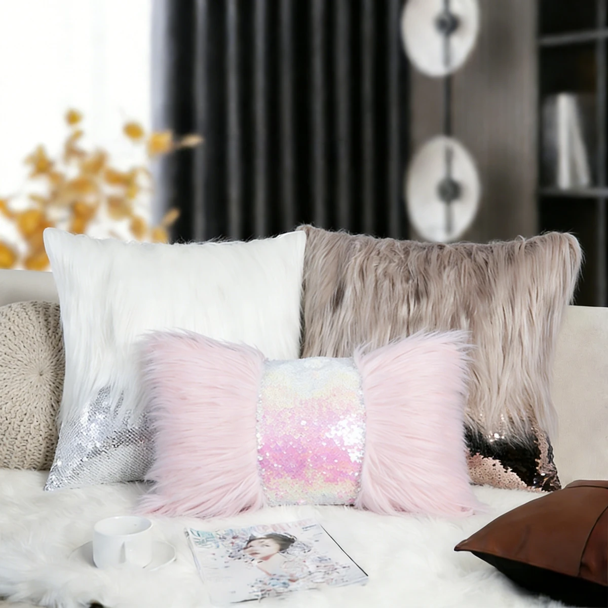 1PC Sequin Fur Cushion Cover 30*50 40*40 for Sofa Decorative Sequins Pillow Cover for Livingroom Silver Gold Decor Pillowcase