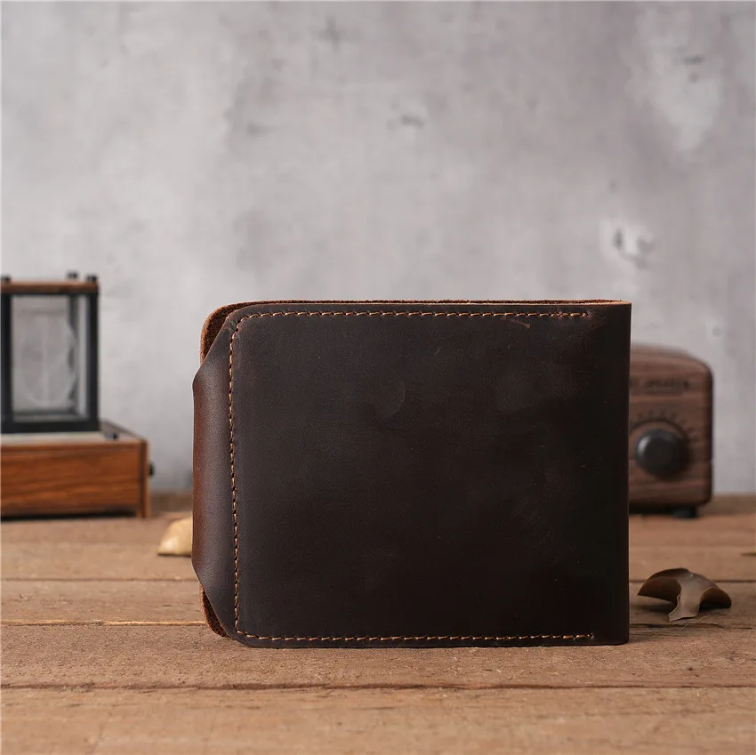 1130 Genuine Leather Men's Wallet Short Top Layer Cowhide Wallet with Multiple Card Slots and Button Pockets