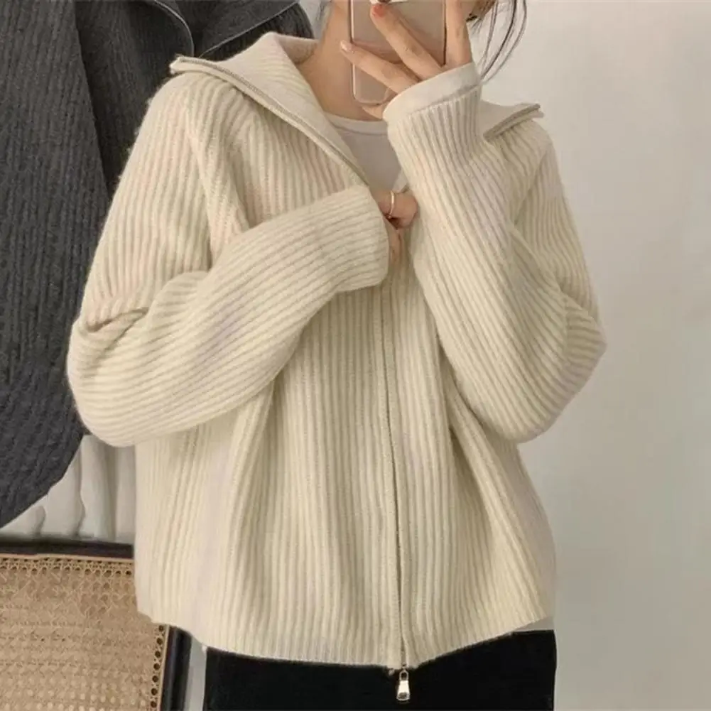 Dark Grey Knit Cardigan Double End Zipper Short Top Turndown Collar Coat Women Slim Warm Korean Fashion American Spring Fall