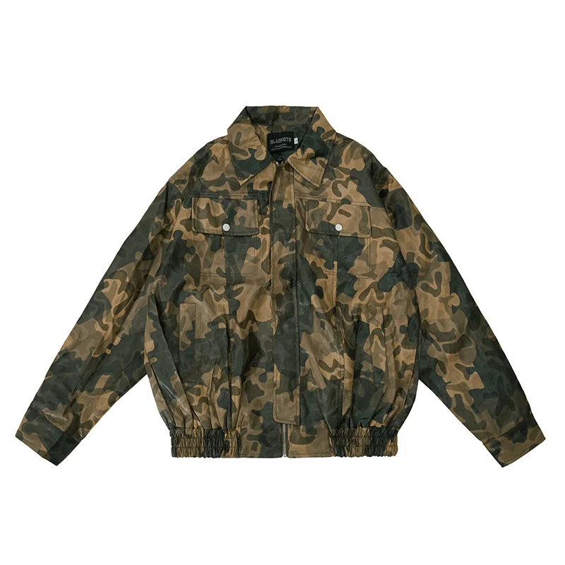 

Men's Camouflage PU Leather Jacket Vintage Distressed Coat Loose Zipper Jackets