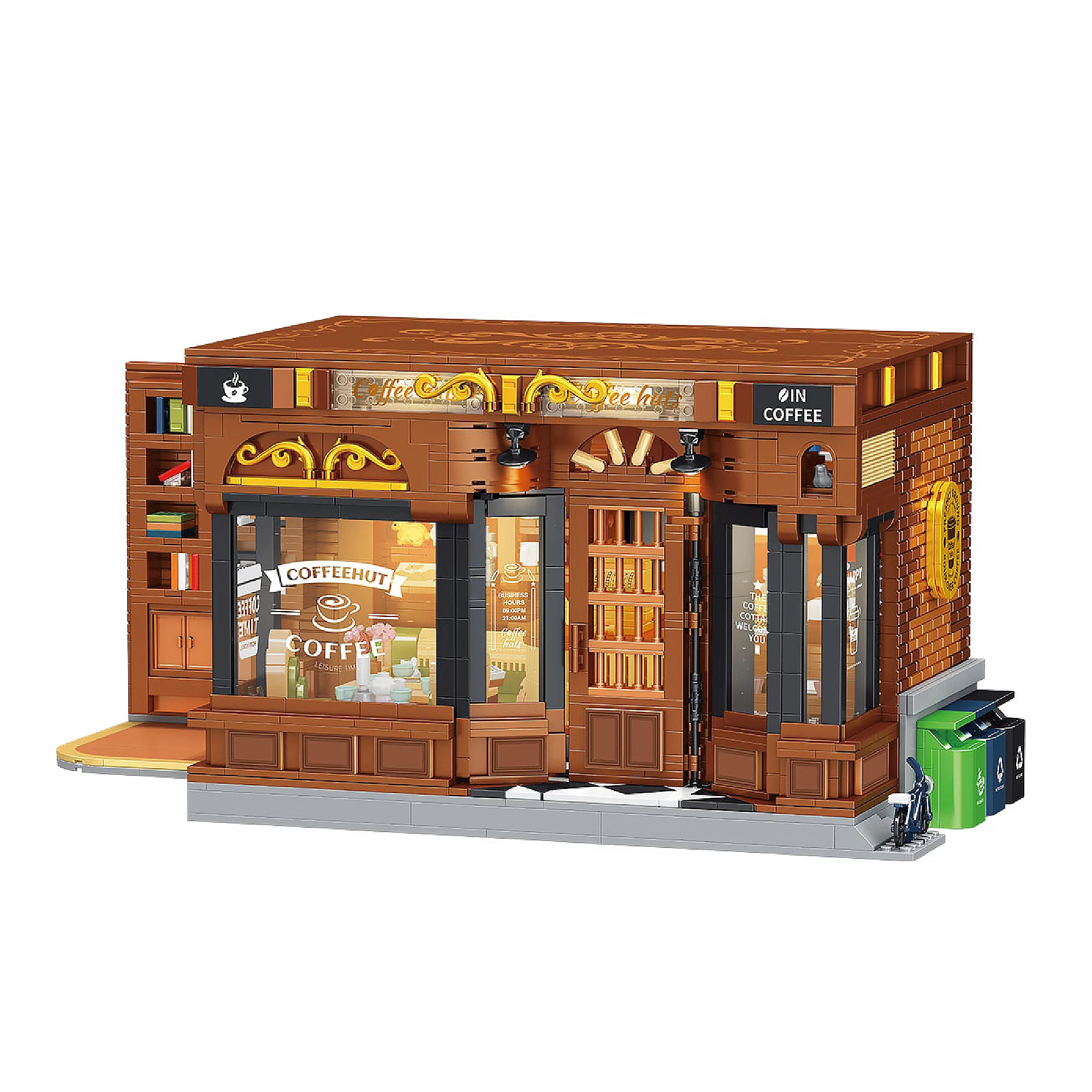 

Строительные блоки для кофейни в американском стиле с подсветкой, 1904 шт., вид на улицу, ретро-кафе, магазин, модульные кирпичи, игрушки для детей и взрослых, подарки