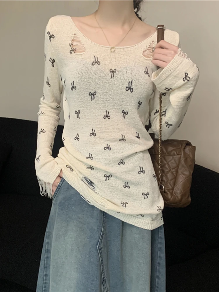 

Spring Sweet Bow Printing Chic Hollow Out Knitting Female Pullovers New Sexy Casual Basic O-neck Simple Fashion Women Pullovers