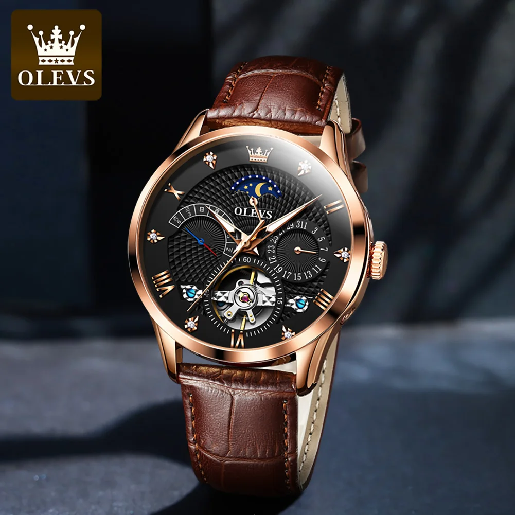 OLEVS Skeleton Flywheel Original Mechanical Wristwatch for Men Fashion Leather Strap Moon Phase Man Watch Luxury Automatic Watch